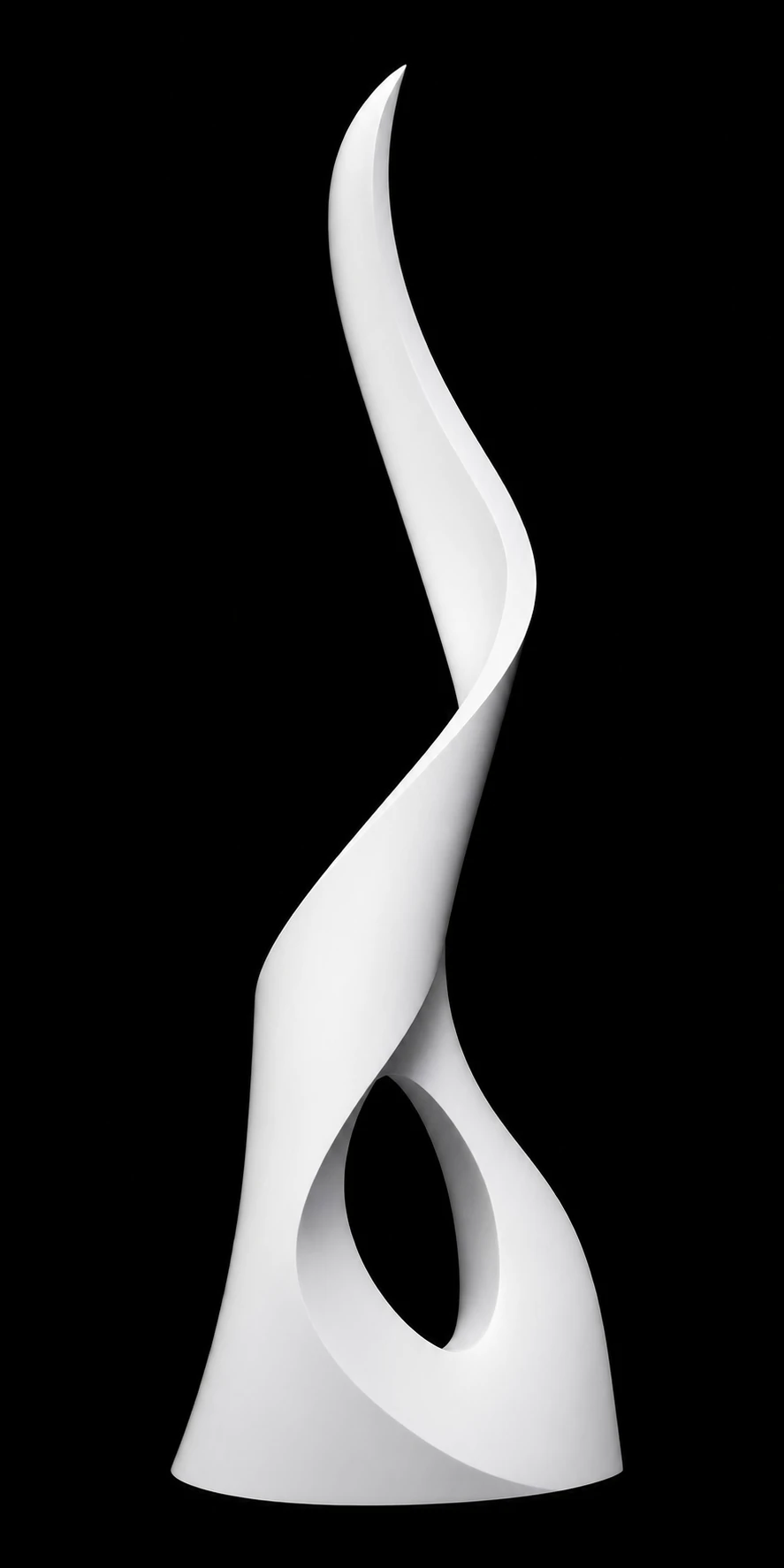 A tall, sinuous abstract white sculpture rising like a flame against a pure black void.
