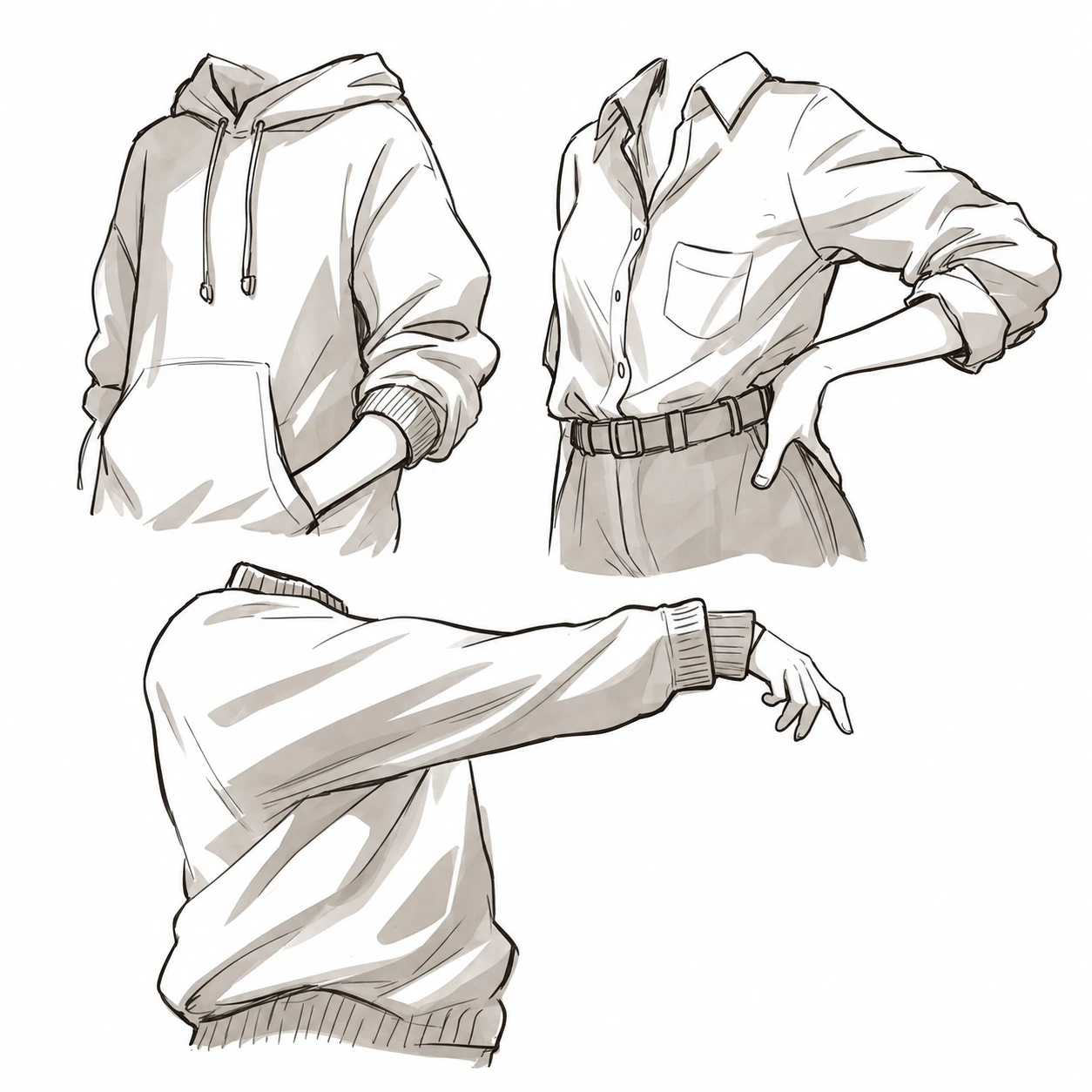 A clothing study sheet showing three headless torso poses wearing casual garments rendered in loose monochrome line art.