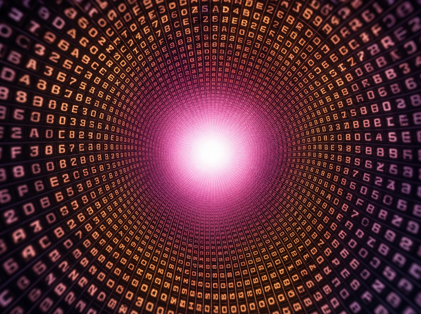 A glowing tunnel of alphanumeric data spiraling toward a bright central vanishing point, evoking a digital wormhole.