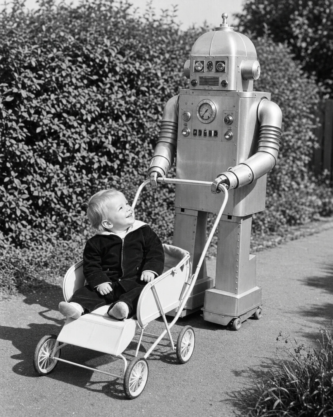 A vintage black-and-white photograph of a retro humanoid robot pushing a toddler in a stroller along a garden path.
