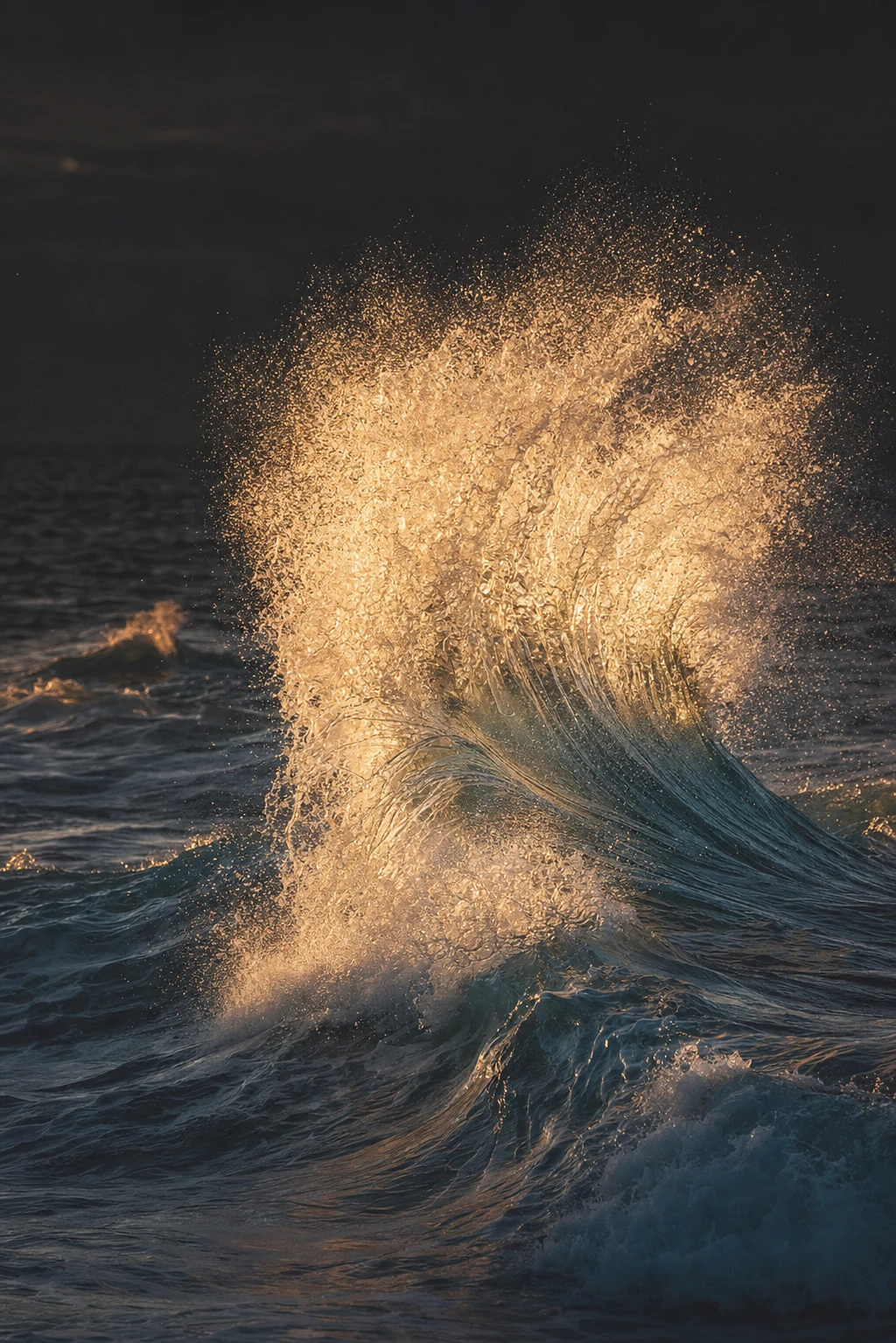 A dramatic ocean wave bursting into a luminous spray of backlit golden water against a dark sea.