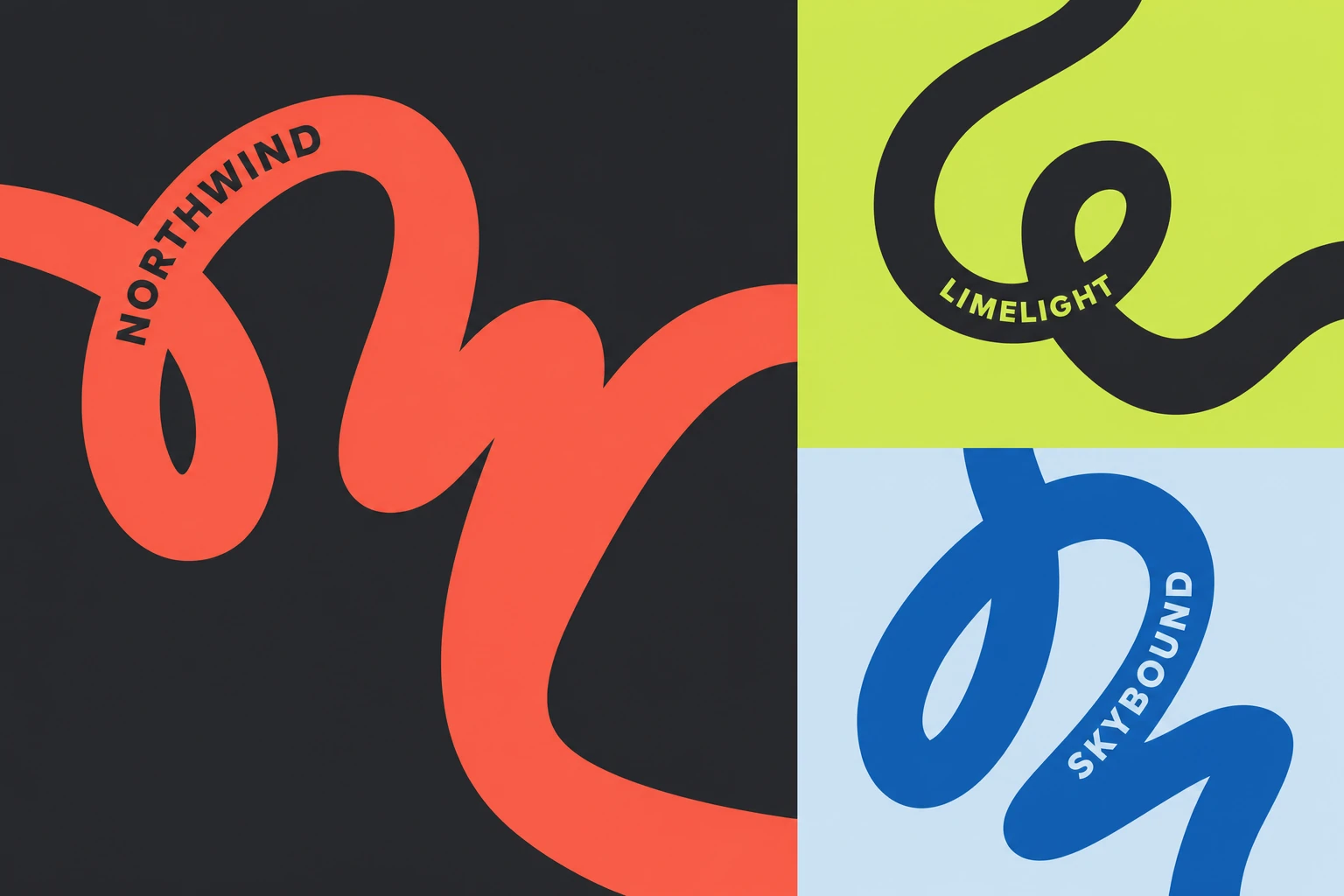 A multi-panel graphic poster featuring bold, looping ribbon-like squiggles in saturated colors with text following the curves.