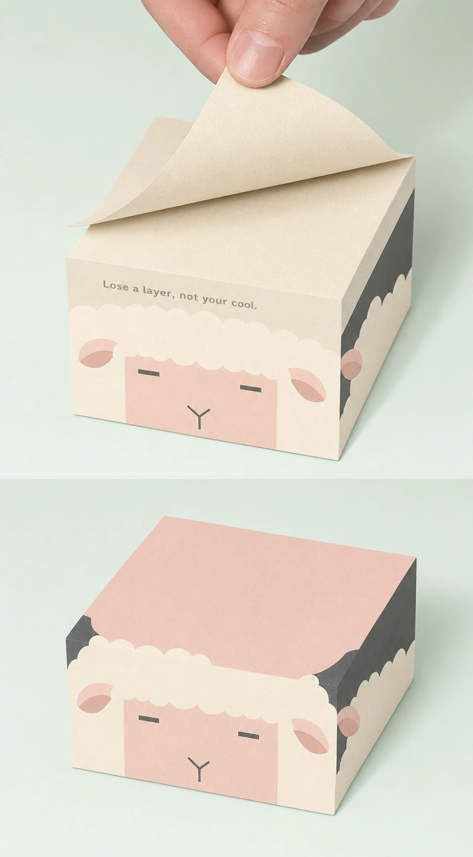A two-panel product photo of a cube-shaped sticky-note pad printed with a minimalist sheep face, shown being peeled and then full.
