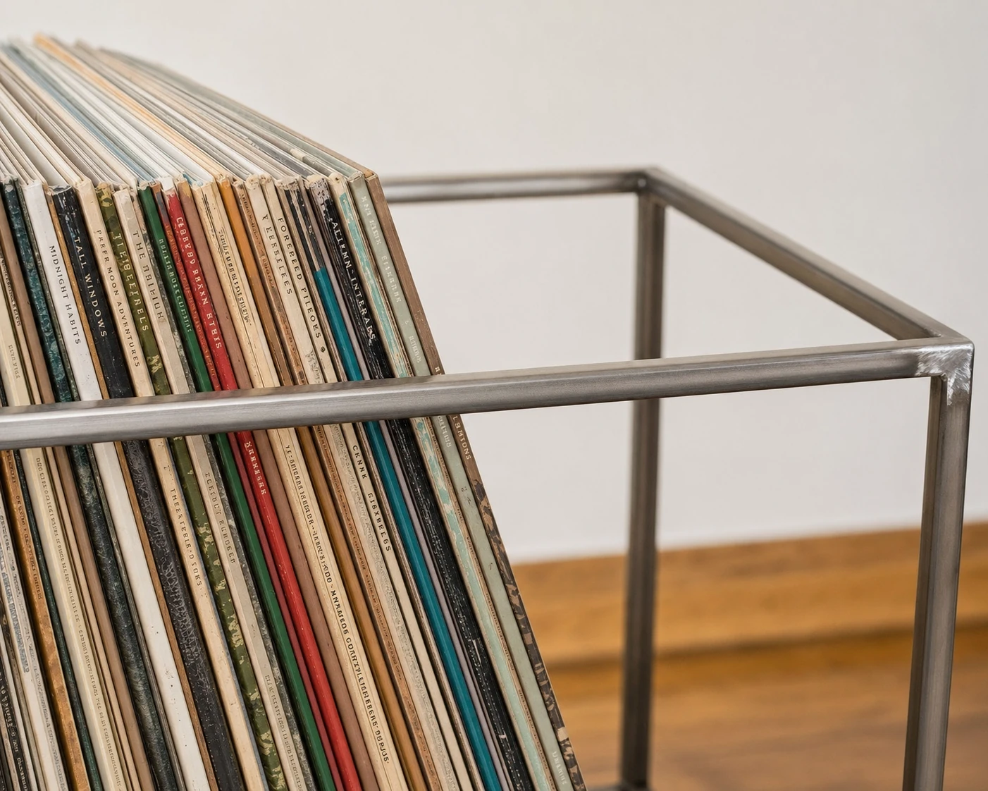 A close-up photograph of vinyl records standing upright in a minimalist brushed-steel cube frame against a clean wall.