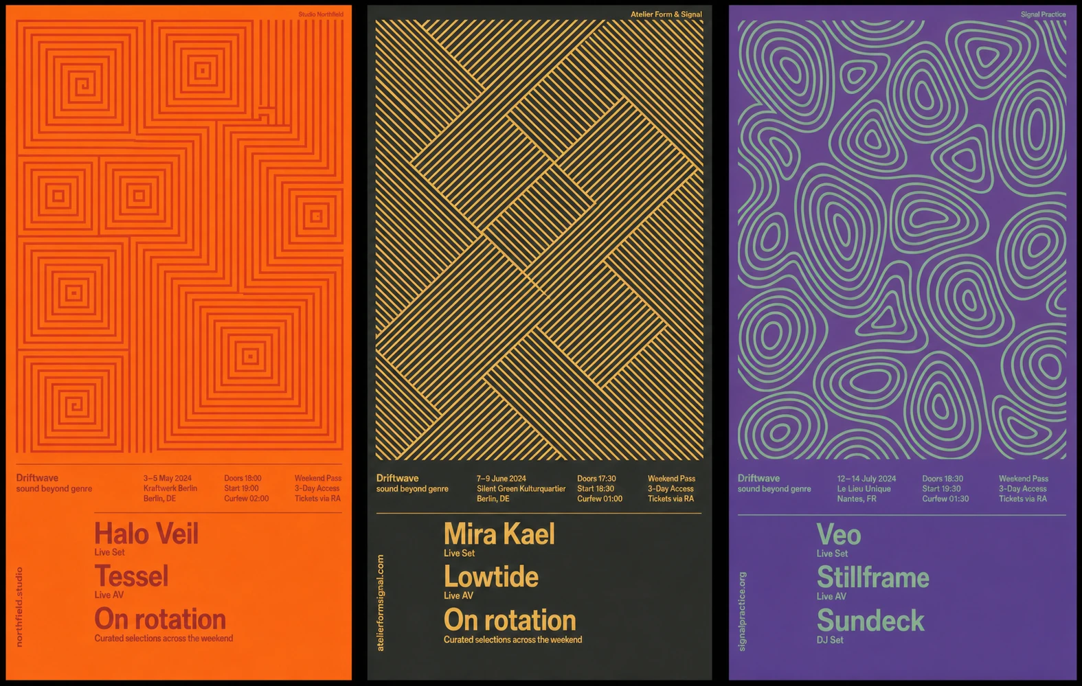A series of three minimalist electronic-music event posters, each filled with a tonal geometric line-pattern and tidy lower-third typographic info blocks.