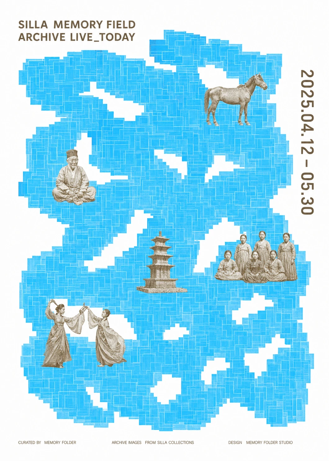 An archival-exhibition poster combining sepia-toned historical photographs of figures and monuments floating over a textured, hand-stamped electric-blue field o