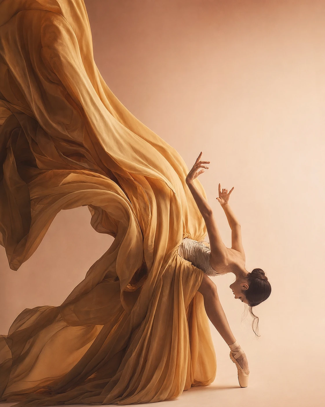 A fine-art studio photograph of a ballerina arching backward on pointe while voluminous golden chiffon fabric cascades and billows around her.