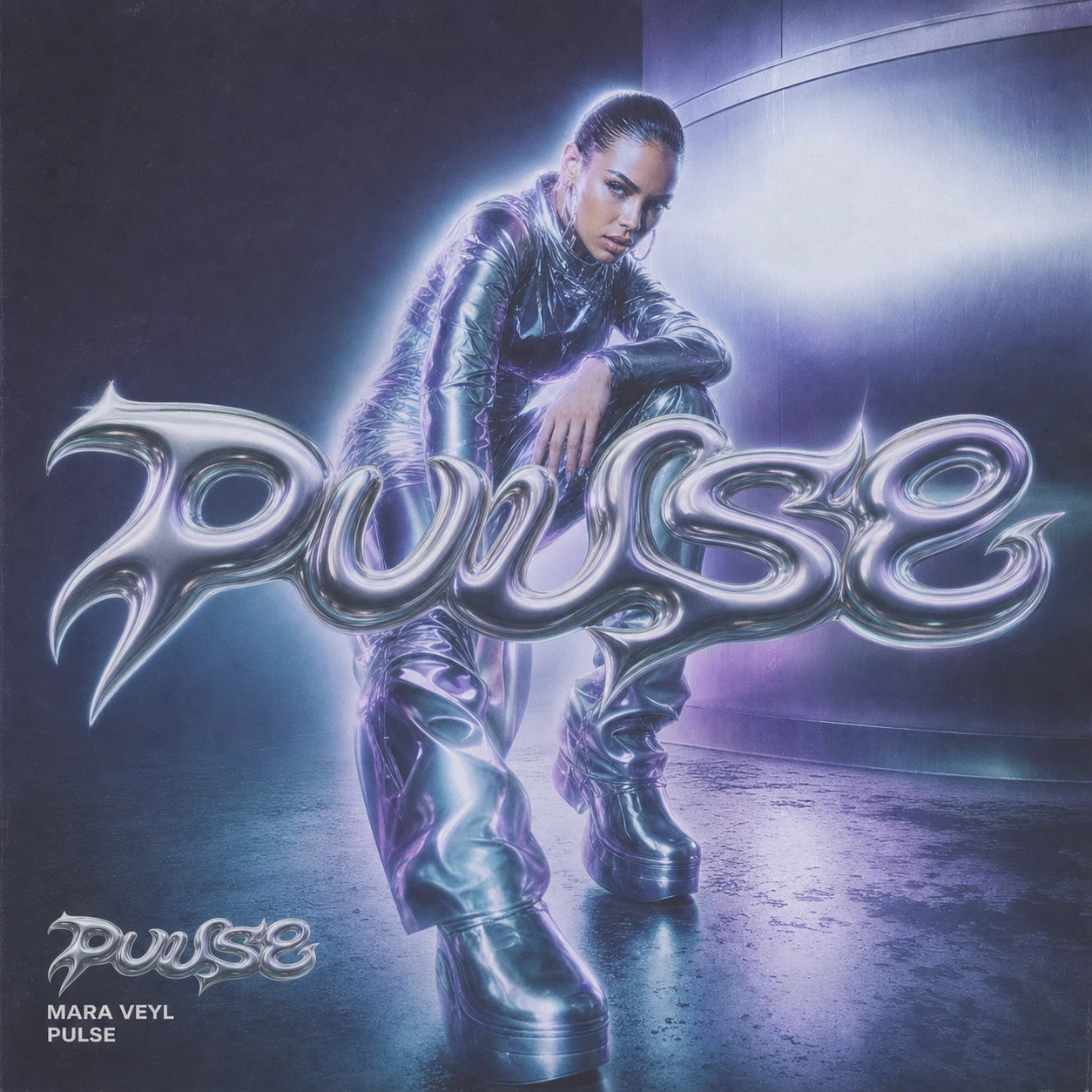 A futuristic music single cover featuring a crouching model in a metallic silver bodysuit overlaid with a large chrome liquid-metal title treatment.