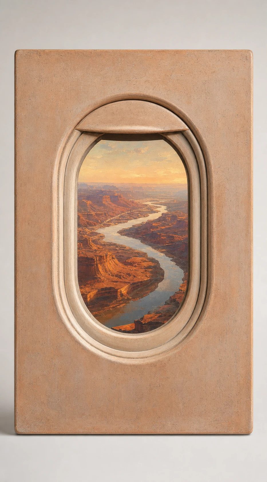 A tactile beige airplane window frame revealing a sweeping aerial canyon landscape at golden hour.