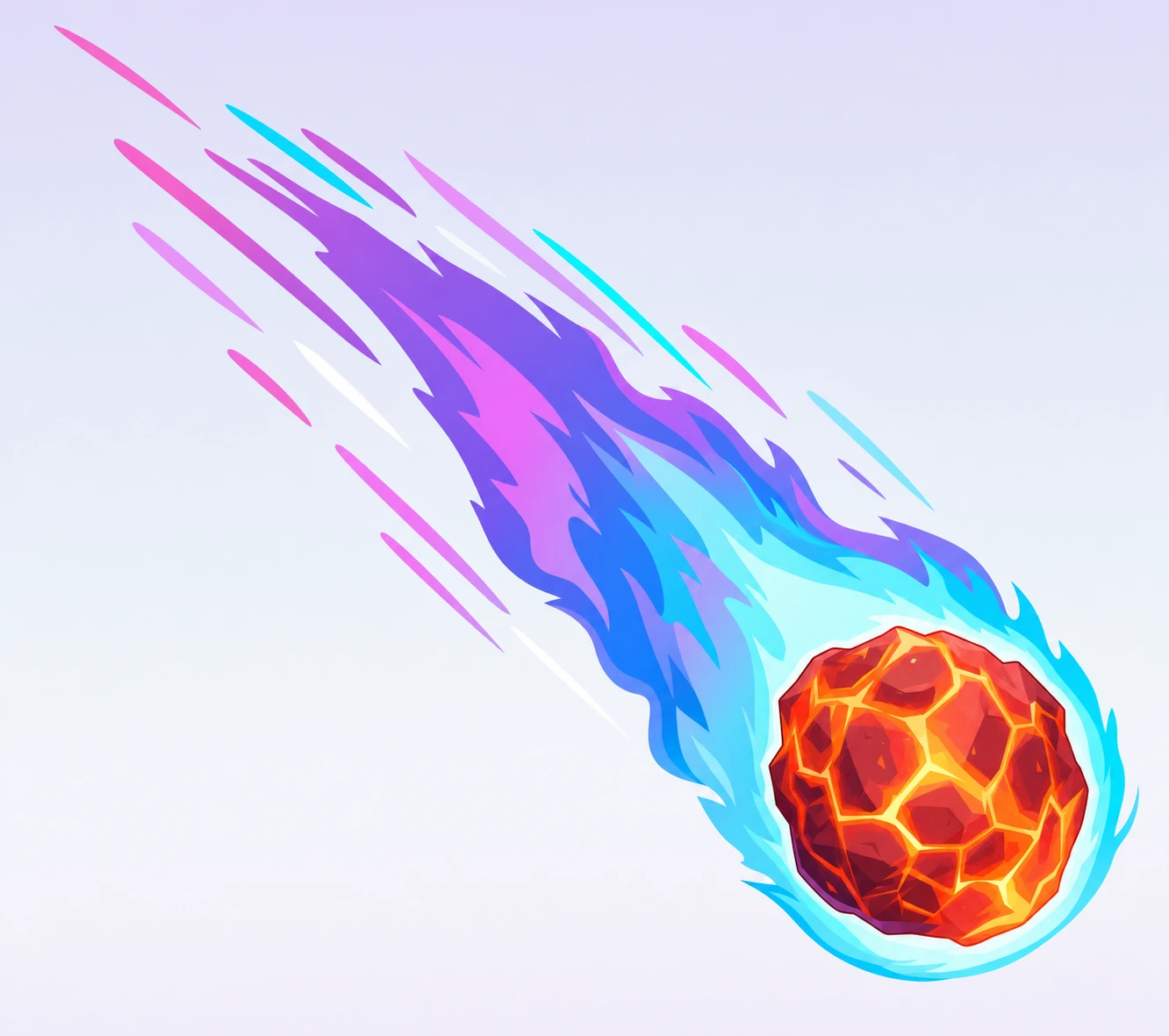 A blazing meteor with a glowing molten core trailing vivid multicolored flames as it streaks across a pale sky.