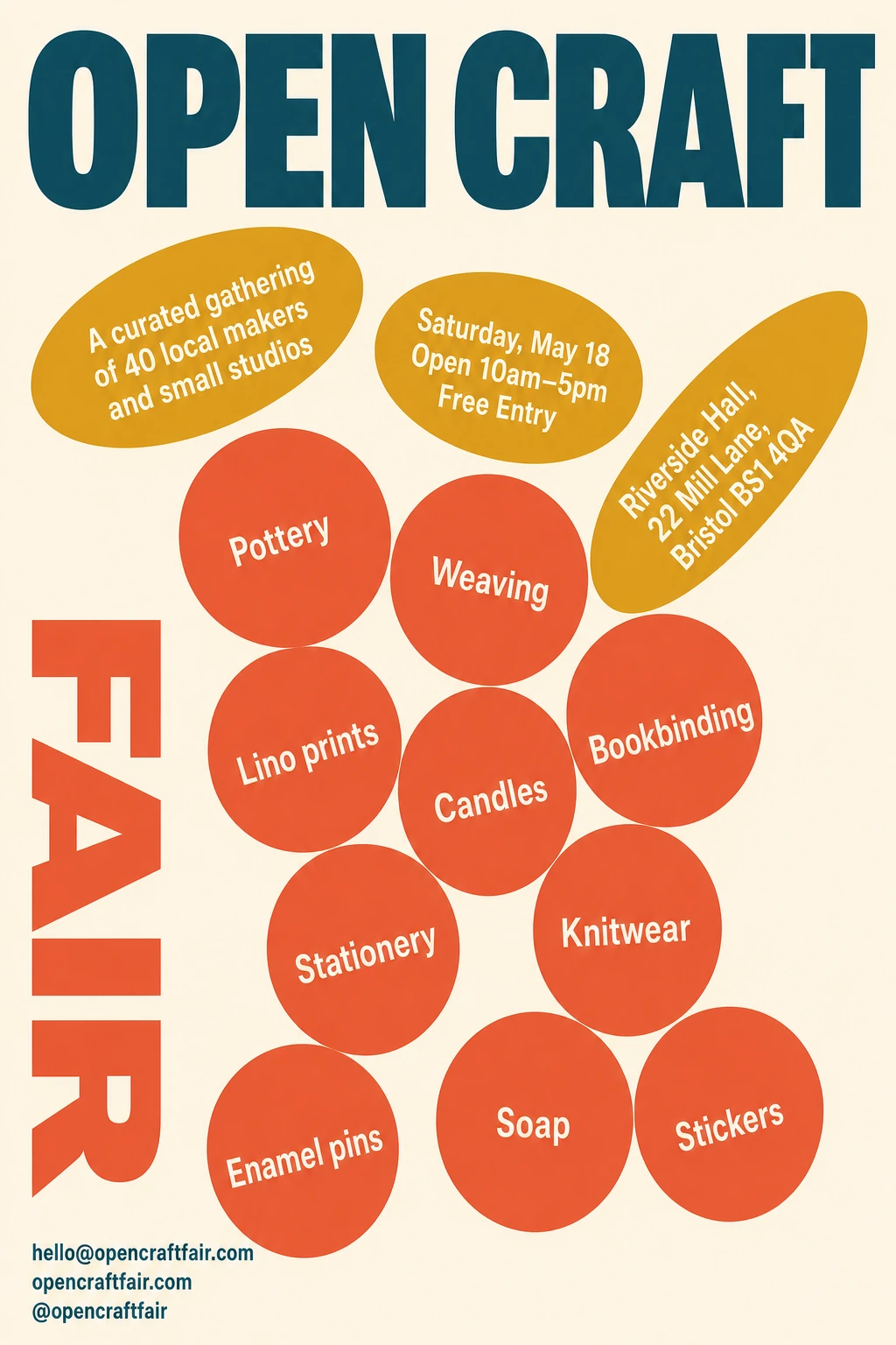 A bold typographic event poster for a craft fair, using a cluster of orange circles and mustard ellipses to organize information against a cream background.
