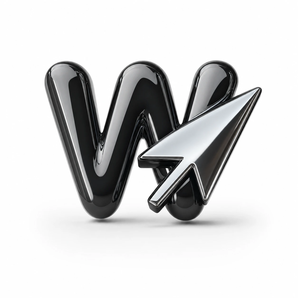 A glossy black 3D letterform shaped like a 'W' with a chrome arrow cursor integrated into one of its strokes.