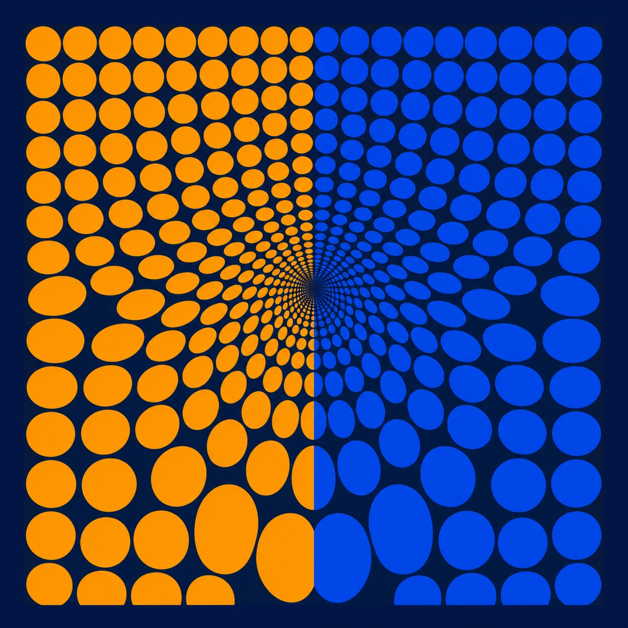 An op-art grid of dots that swirl into a central vortex, split into orange and blue halves on a dark navy field.
