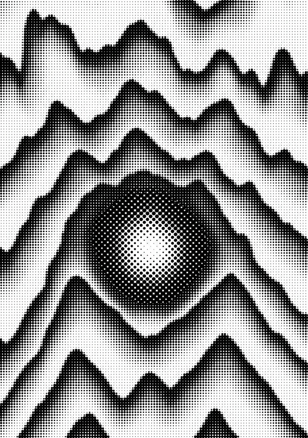 An abstract black-and-white halftone composition of layered wavy mountain-like ridges radiating from a glowing central core.