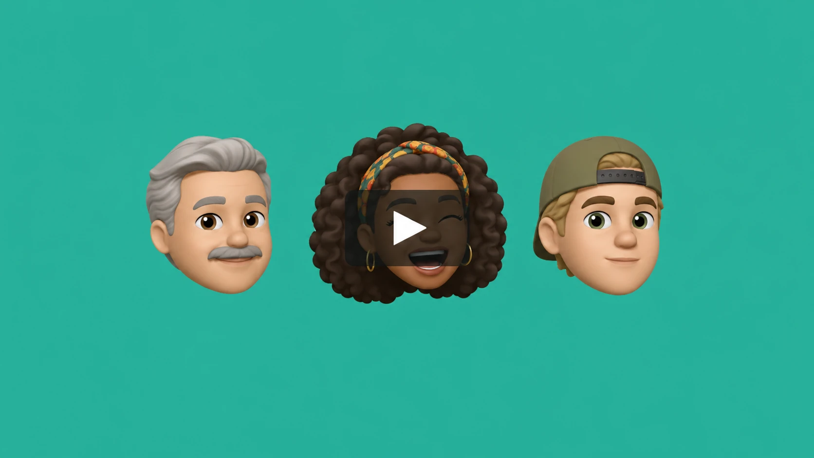 Three stylized 3D cartoon avatar heads of diverse people float on a flat teal background with a centered video play button.