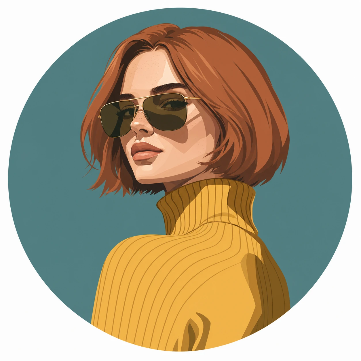 A stylized digital portrait illustration of a fashionable young woman wearing aviator sunglasses and a yellow turtleneck, framed inside a teal circle.