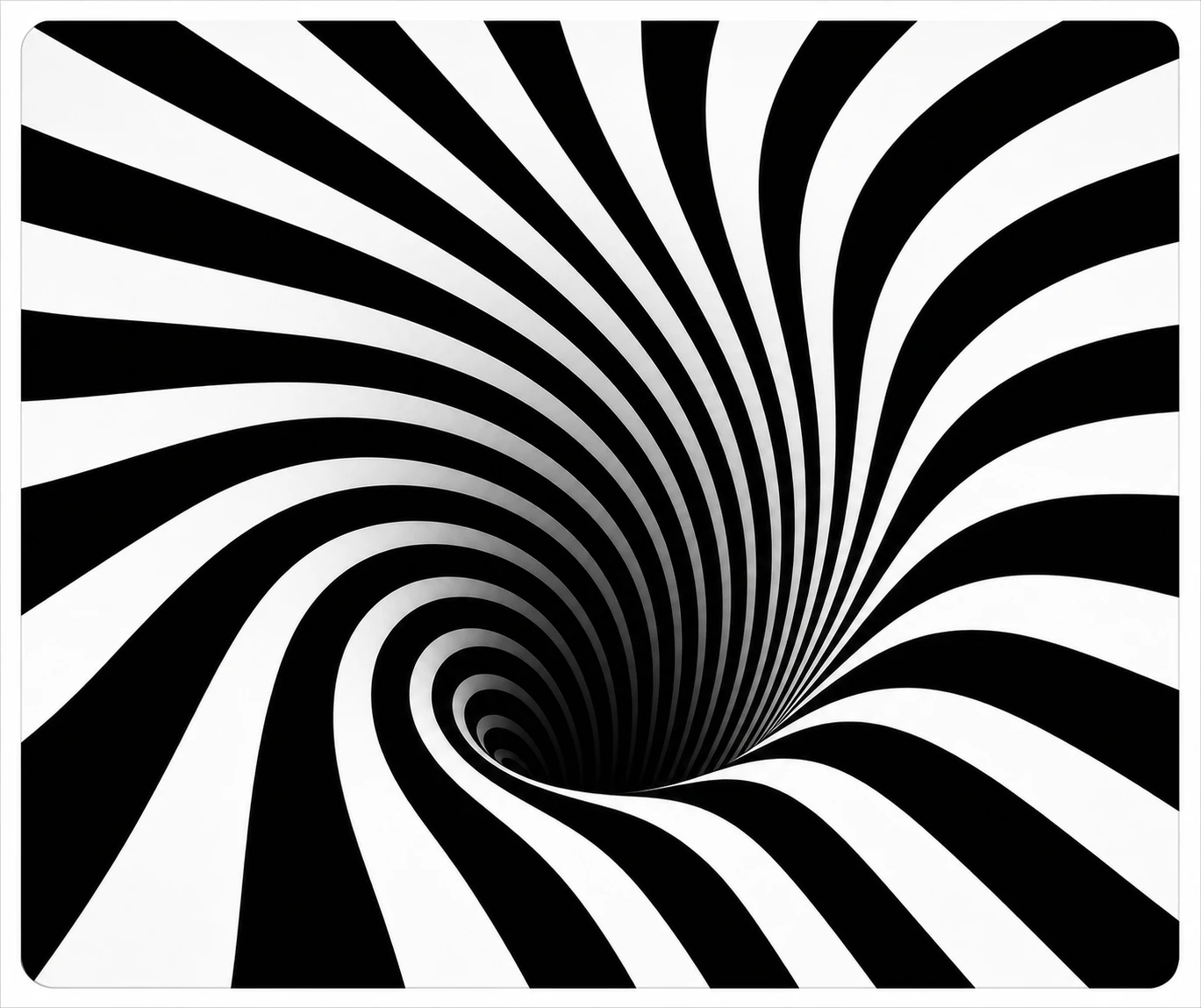 A black-and-white optical-illusion of swirling striped bands spiraling into a deep central vortex tunnel.