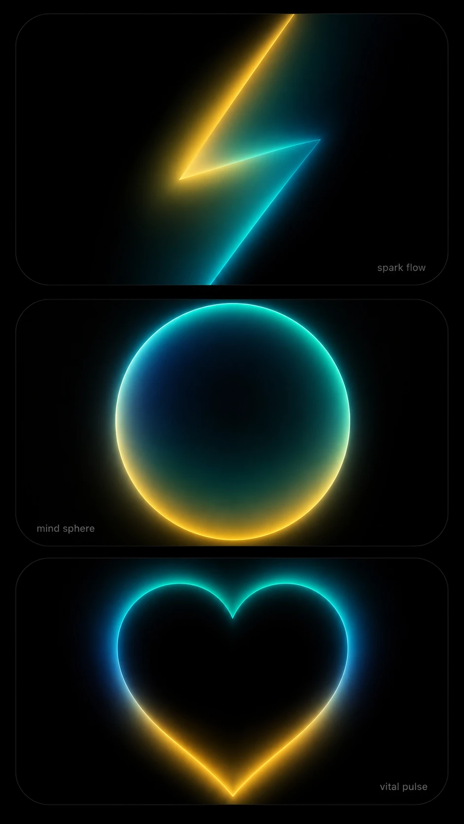A vertical stack of three dark rounded-rectangle cards, each featuring a single glowing neon icon (lightning bolt, sphere, heart) with a teal-to-amber gradient