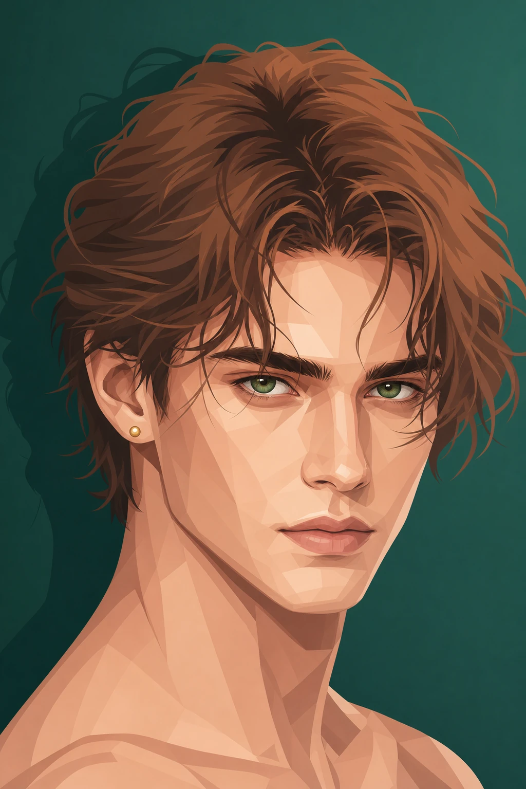 A stylized portrait illustration of a young man with tousled auburn hair and green eyes against a deep green backdrop.