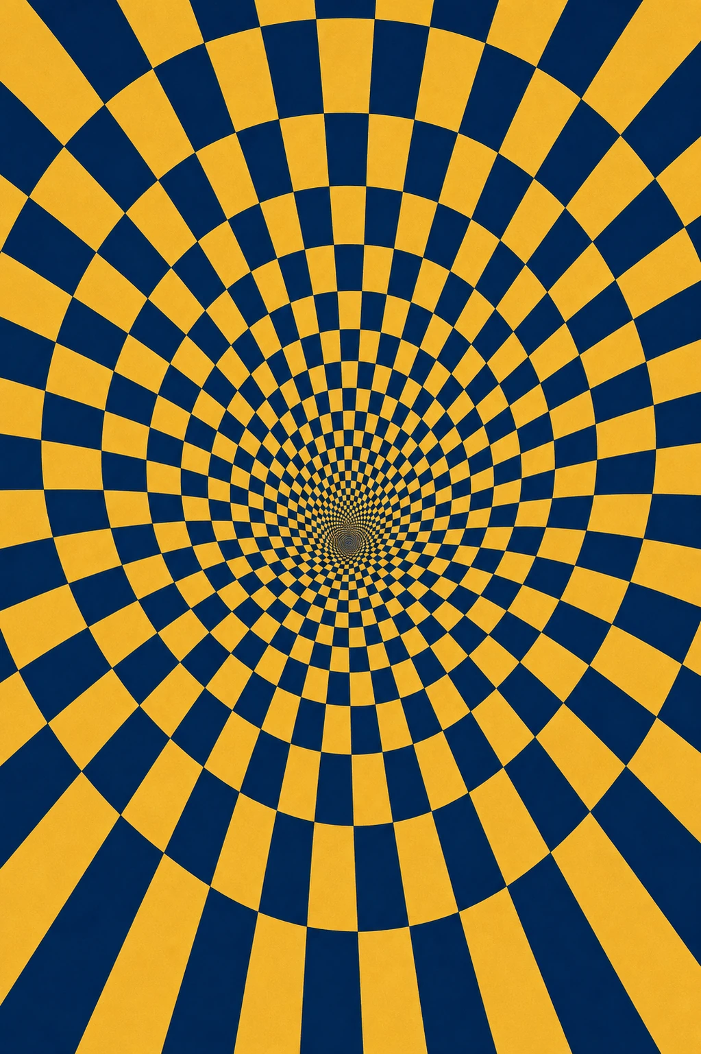 A hypnotic radial checkerboard optical illusion spiraling into a central vanishing point.