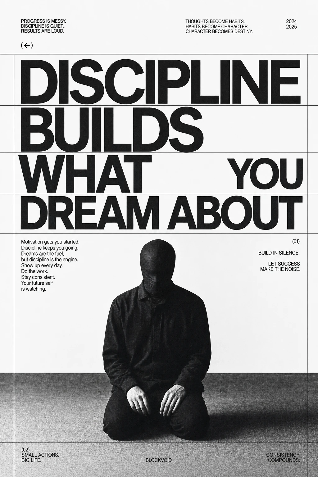 A high-contrast black-and-white motivational poster pairing a faceless kneeling figure with oversized bold typography and a grid-based editorial layout.