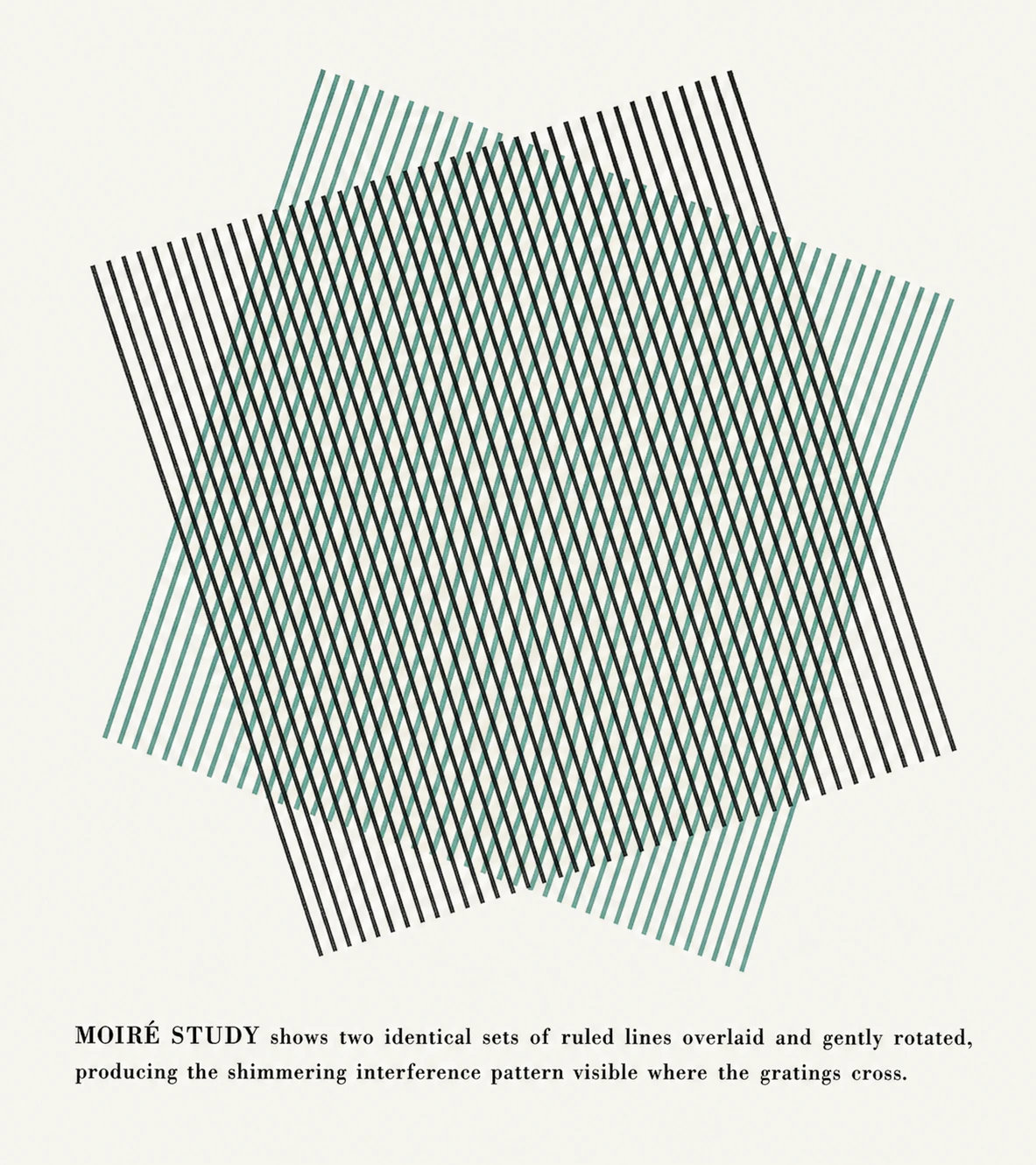 A minimalist geometric study showing two overlaid sets of ruled lines rotated against each other to create a shimmering moiré interference pattern, captioned be