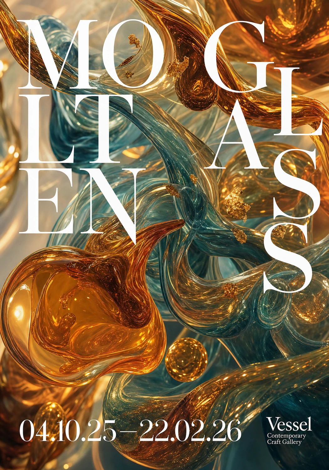 An exhibition poster featuring swirling molten glass forms in amber and teal, overlaid with bold white serif typography.