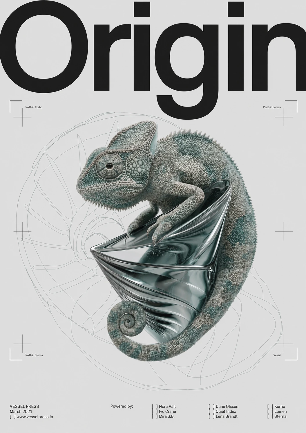 A minimalist editorial poster pairing a hyper-realistic chameleon clutching a chrome abstract object against a massive bold headline.
