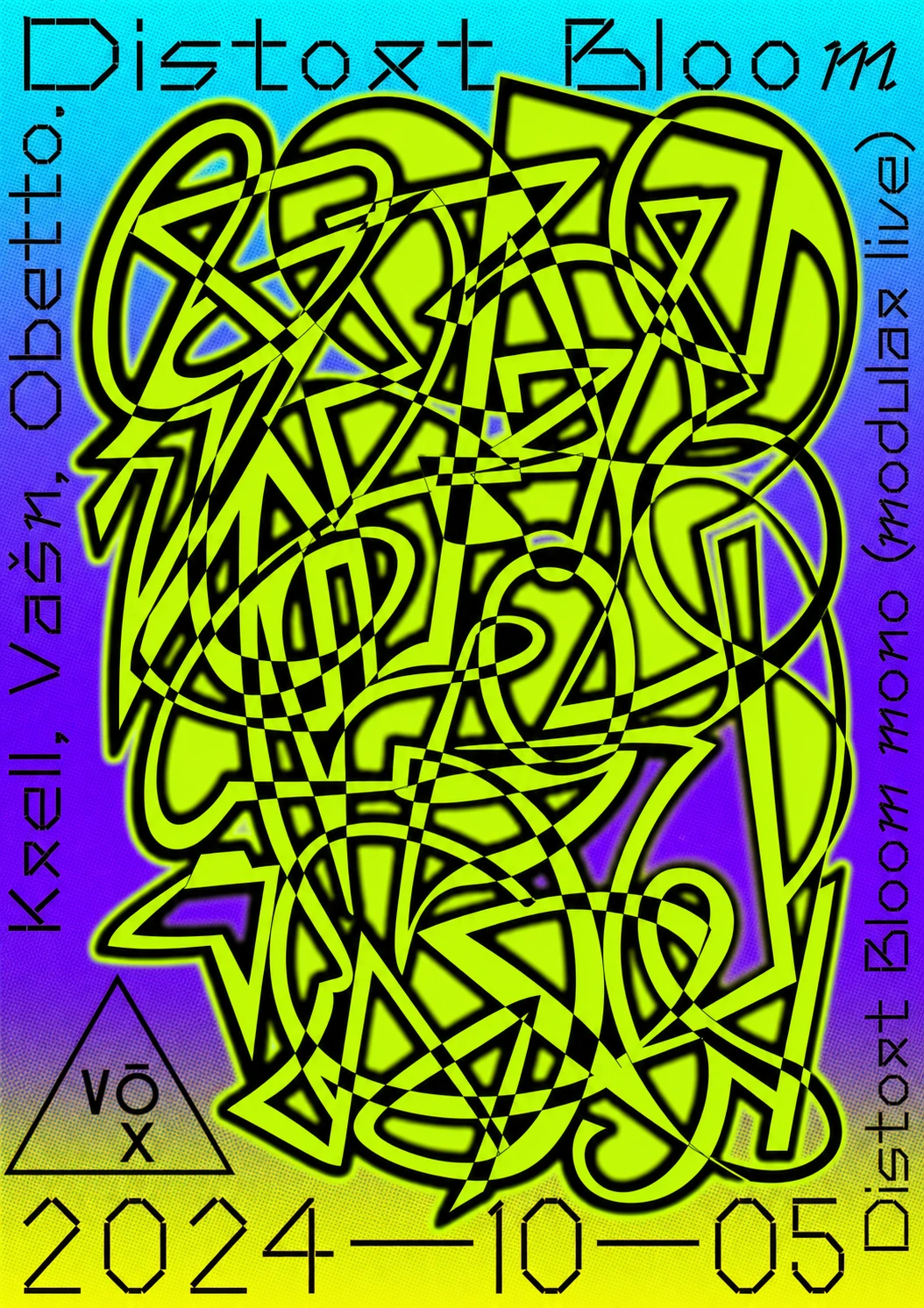 An experimental electronic music event poster featuring a dense tangle of acid-green abstract linework over a gradient background.