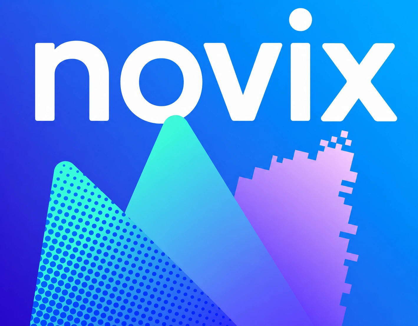 A vibrant blue tech-brand key visual with a bold lowercase wordmark and abstract triangular shapes featuring halftone and pixel-dissolve treatments.