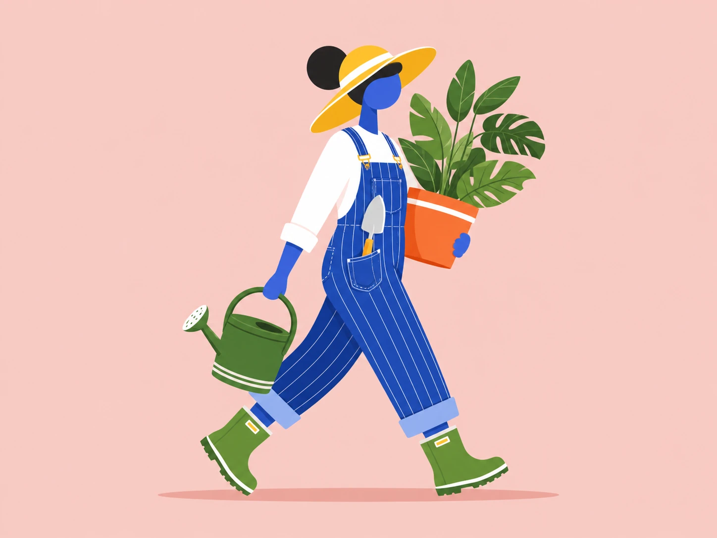 A flat vector illustration of a gardener walking in profile while carrying a potted plant and a watering can.