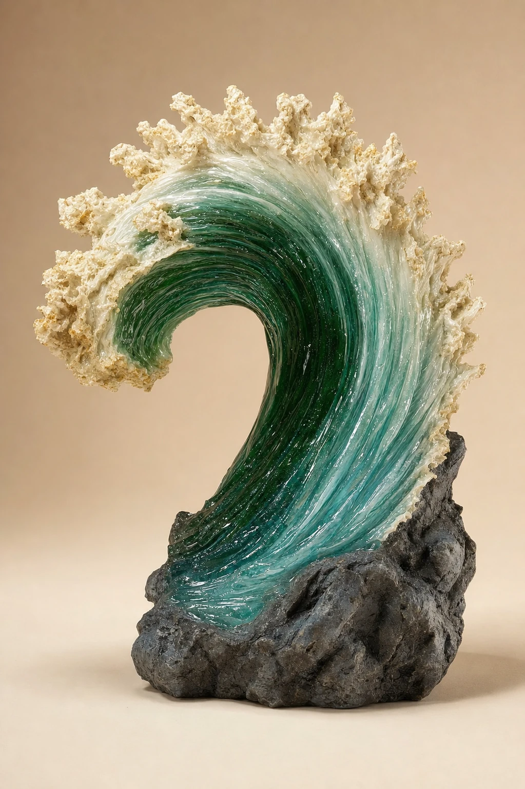 A studio photograph of a glass-and-stone sculpture depicting a curling ocean wave with a foamy crest.