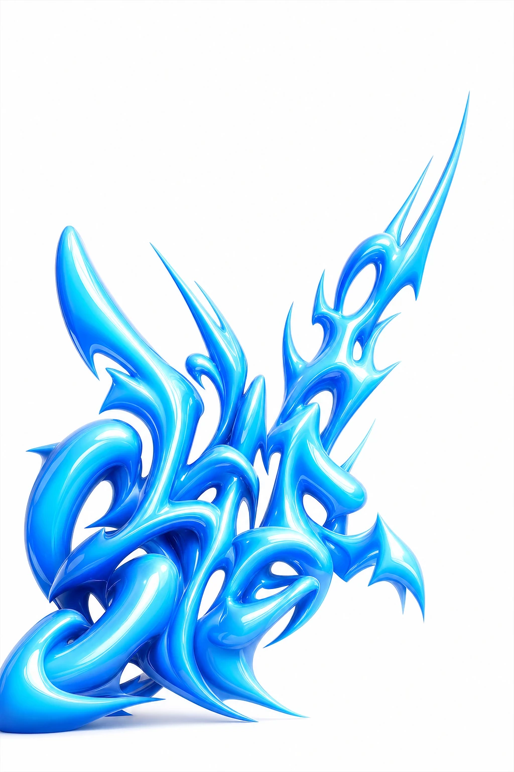 A glossy blue abstract sculpture of intertwined flame-like, tribal-tattoo-inspired tendrils rendered in 3D against a clean white background.