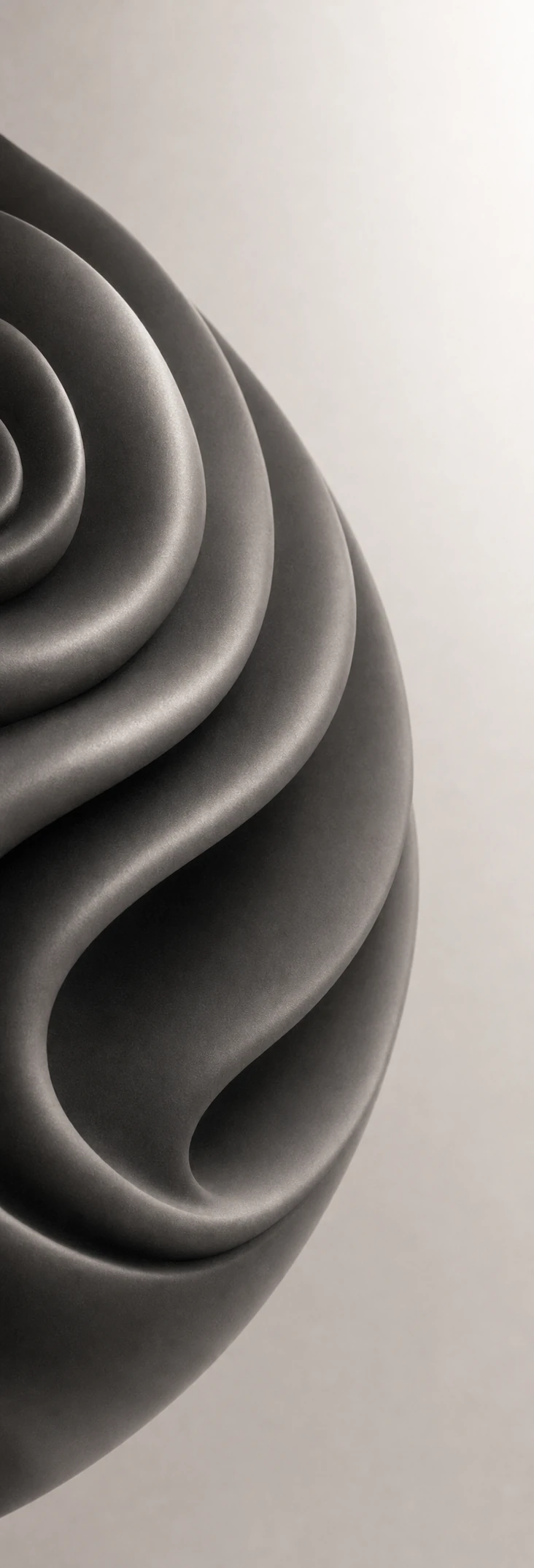 A monochrome close-up of a sculptural object with smooth, spiraling, swirl-like folds rendered in soft gray tones.