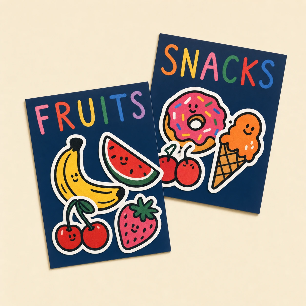 Two overlapping navy art prints featuring cheerful cartoon food characters with hand-lettered rainbow titles, photographed flat on a cream surface.