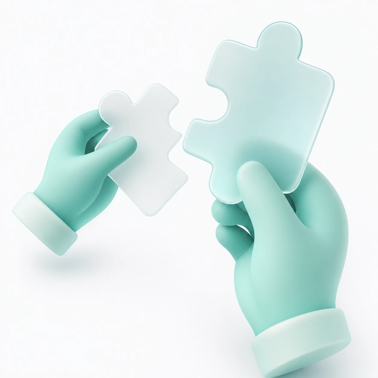 Two cartoon-style 3D hands hold puzzle pieces about to connect, conveying collaboration and problem-solving.