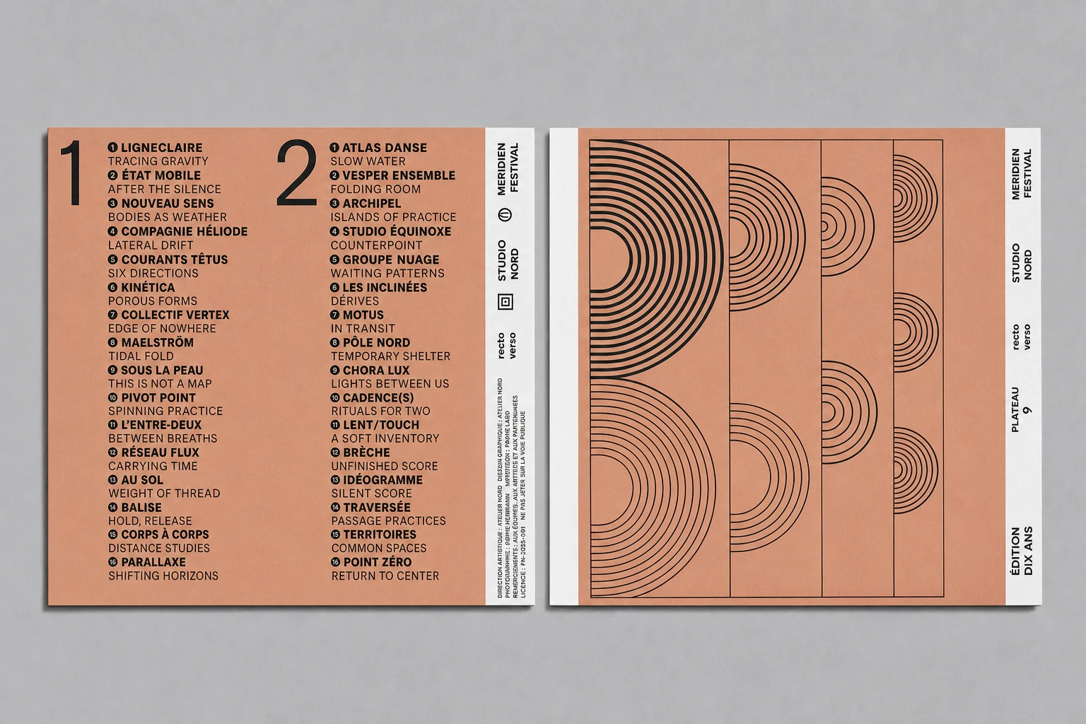 A two-panel gatefold print piece for a contemporary arts festival, pairing a numbered program list with a minimalist line-art cover of concentric arcs.