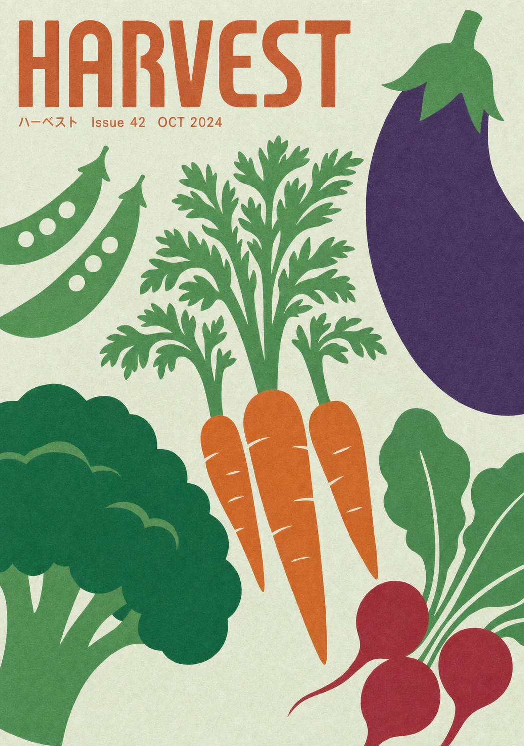 A retro-style magazine cover featuring bold flat-illustrated vegetables arranged across a textured cream background with a large title.