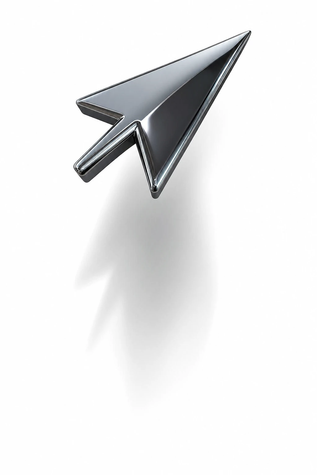 A glossy chrome 3D arrow cursor floating above a soft drop shadow on a clean white field.