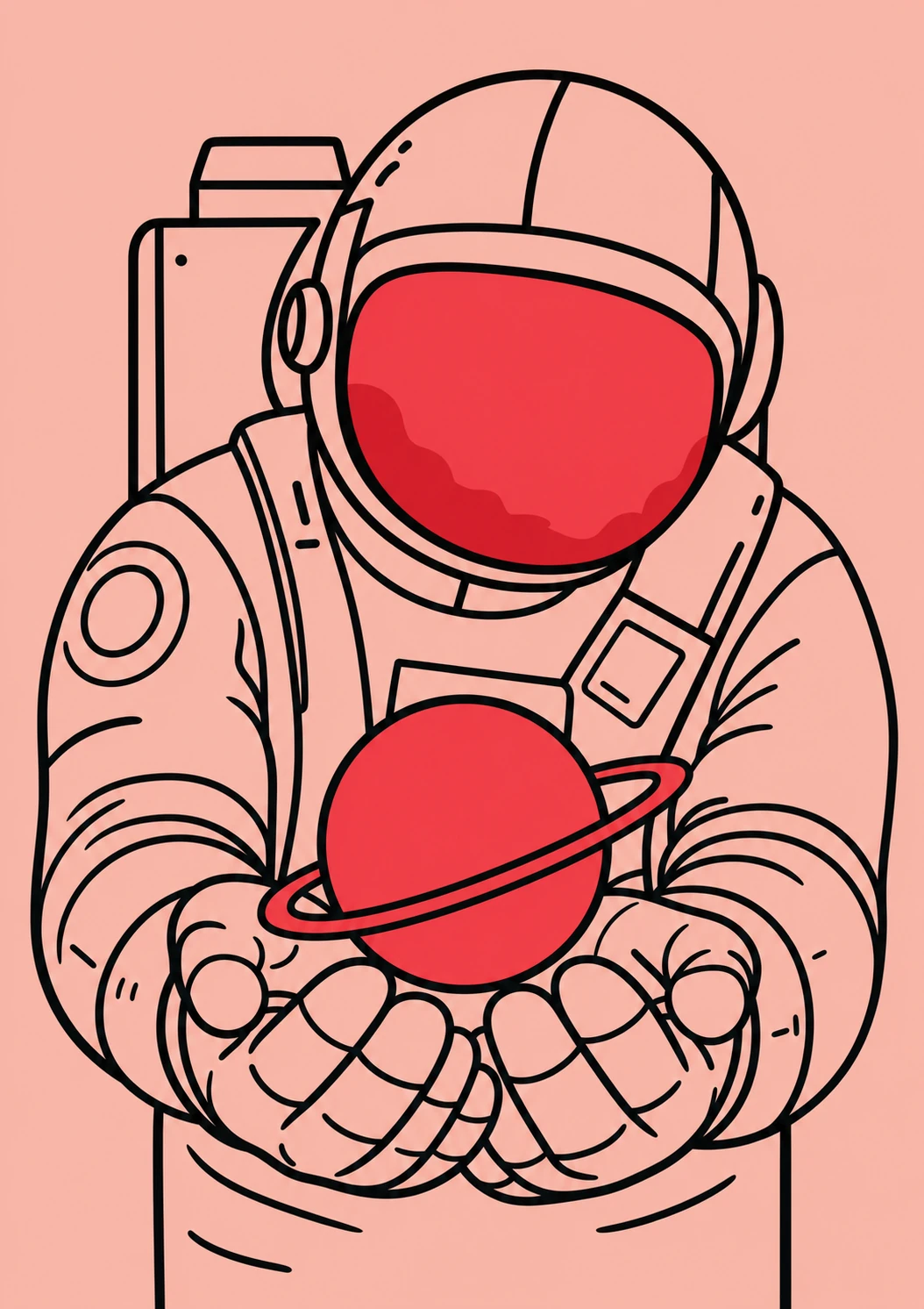 A bold line-art illustration of an astronaut cupping a small ringed planet in both hands, rendered in monochrome pink with red accents.
