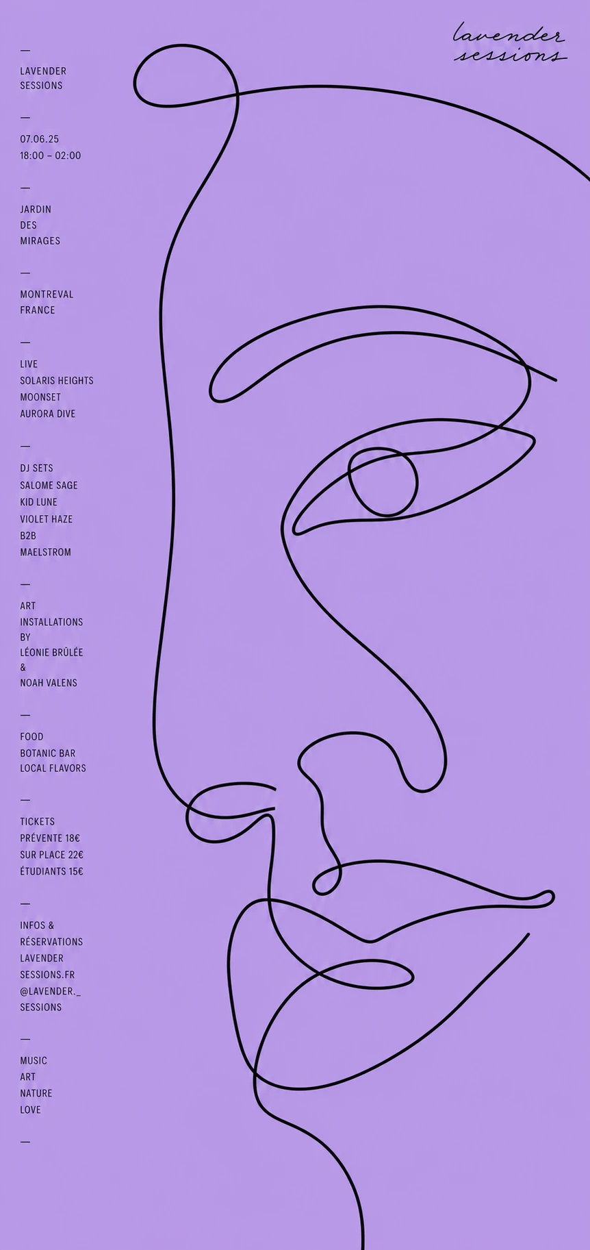 A minimalist event poster featuring a continuous single-line drawing of a face on a lavender background, with a left-aligned column of fine-print event details.