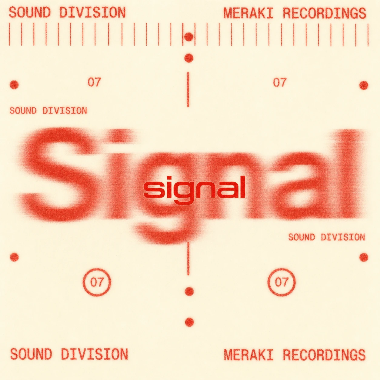 A minimalist red-on-cream typographic poster featuring a motion-blurred hero word centered on a technical measurement-grid layout.