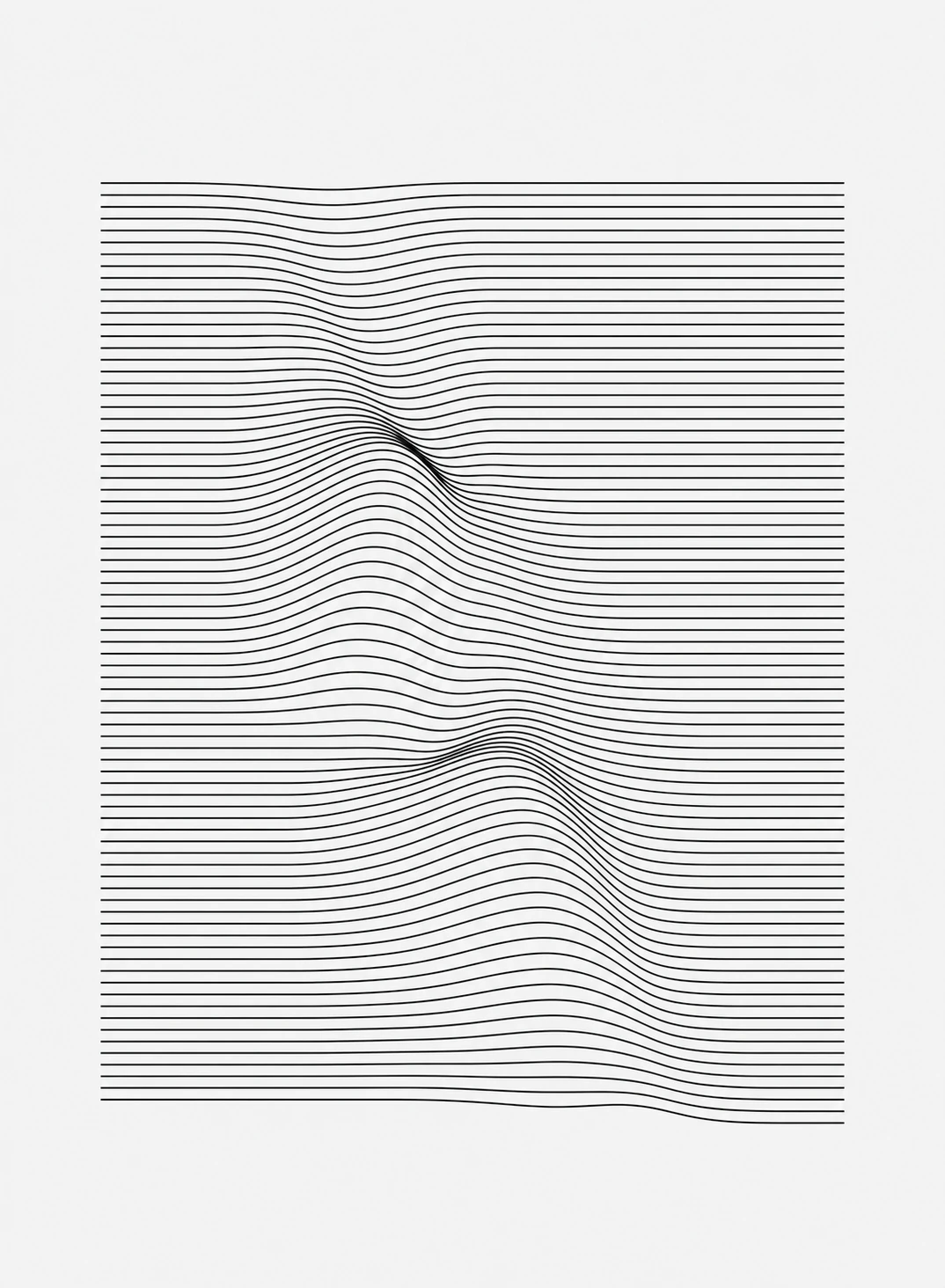 A minimalist black-on-white line-distortion artwork where evenly spaced horizontal lines warp to suggest a hidden three-dimensional form pressing up from beneat