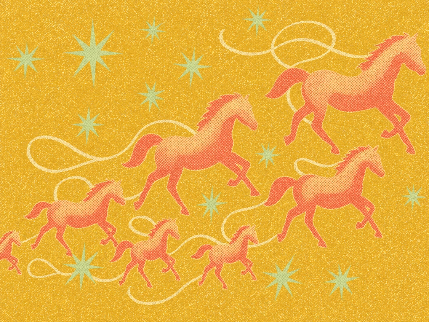 A retro Western-themed illustration of galloping horses scattered among twinkling stars and looping lasso ribbons on a warm gold ground.