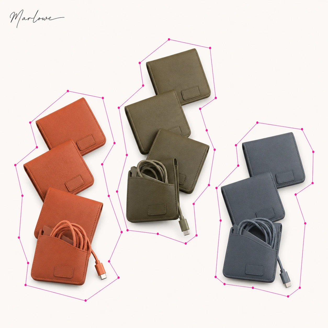 A clean product showcase of leather cable-organizer pouches in three colorways, arranged in cascading diagonal clusters over a soft cream background with magent