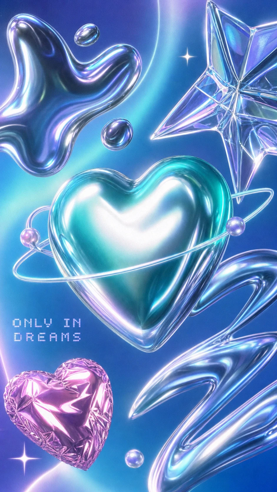 A glossy 3D Y2K-style composition of chrome and crystal hearts, stars, blobs, and orbiting rings floating in an iridescent blue space with a short pixel-text ca