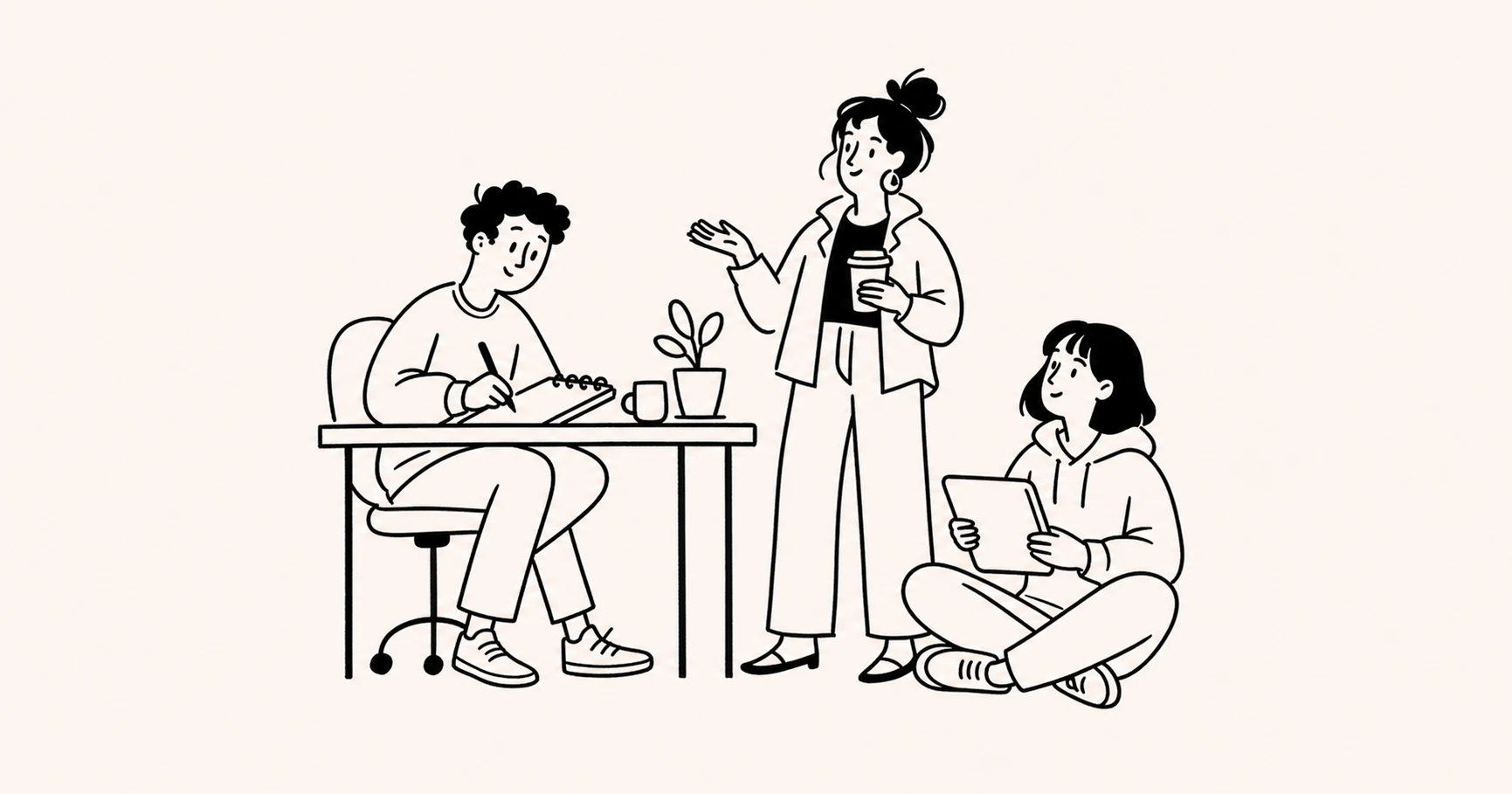 A minimalist line-art illustration of three casual people collaborating in a relaxed workspace setting.