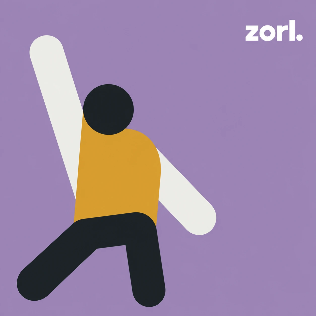 A minimalist geometric figure mid-motion, built from bold flat shapes against a flat purple field with a small wordmark in the corner.