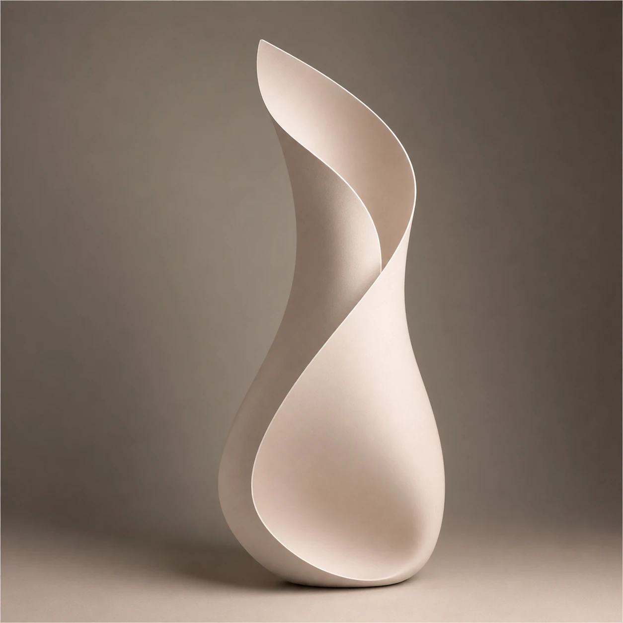 A minimalist studio photograph of a sculptural white ceramic vessel with a flowing, twisting organic form.