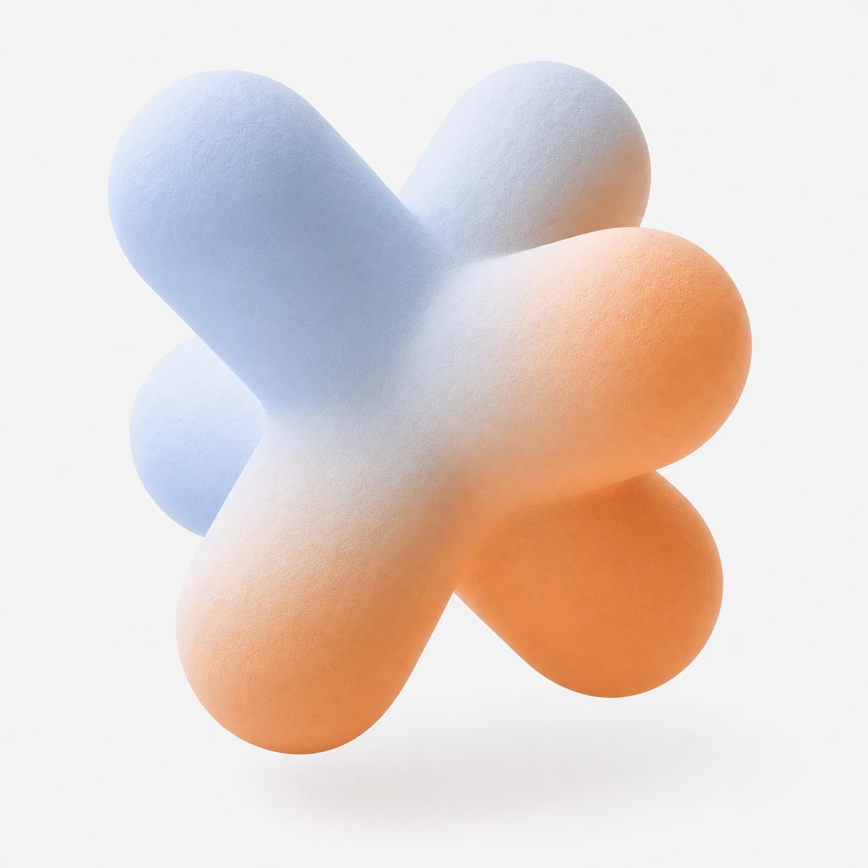 A soft, puffy 3D cross/X-shaped blob floating against a clean light background with a smooth blue-to-orange gradient.
